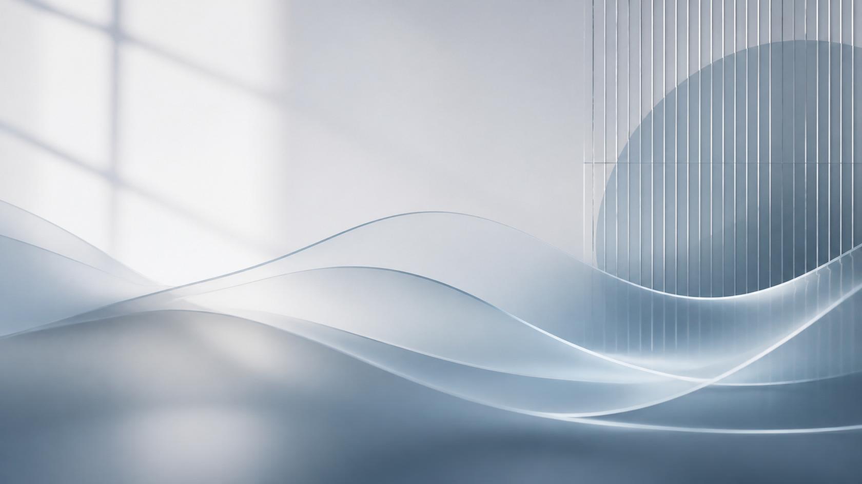 "Minimalist abstract composition featuring flowing glass waves and structured vertical lines in dusty blue and muted grey tones, representing strategic business alignment and brand clarity for Alshan Consultants."